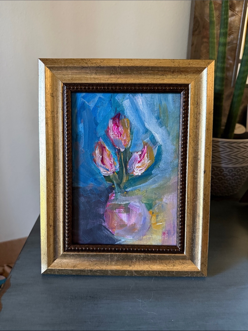 Original Abstract Floral Painting in Pink and Blue, 5”x 7”
